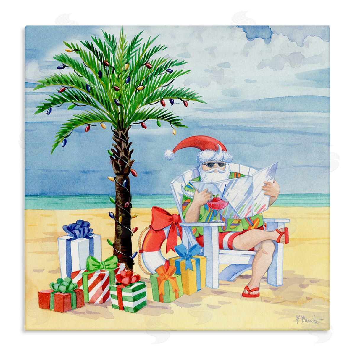 Paul Brent Santa Claus on Beach Stretched Canvas Wall Art Print