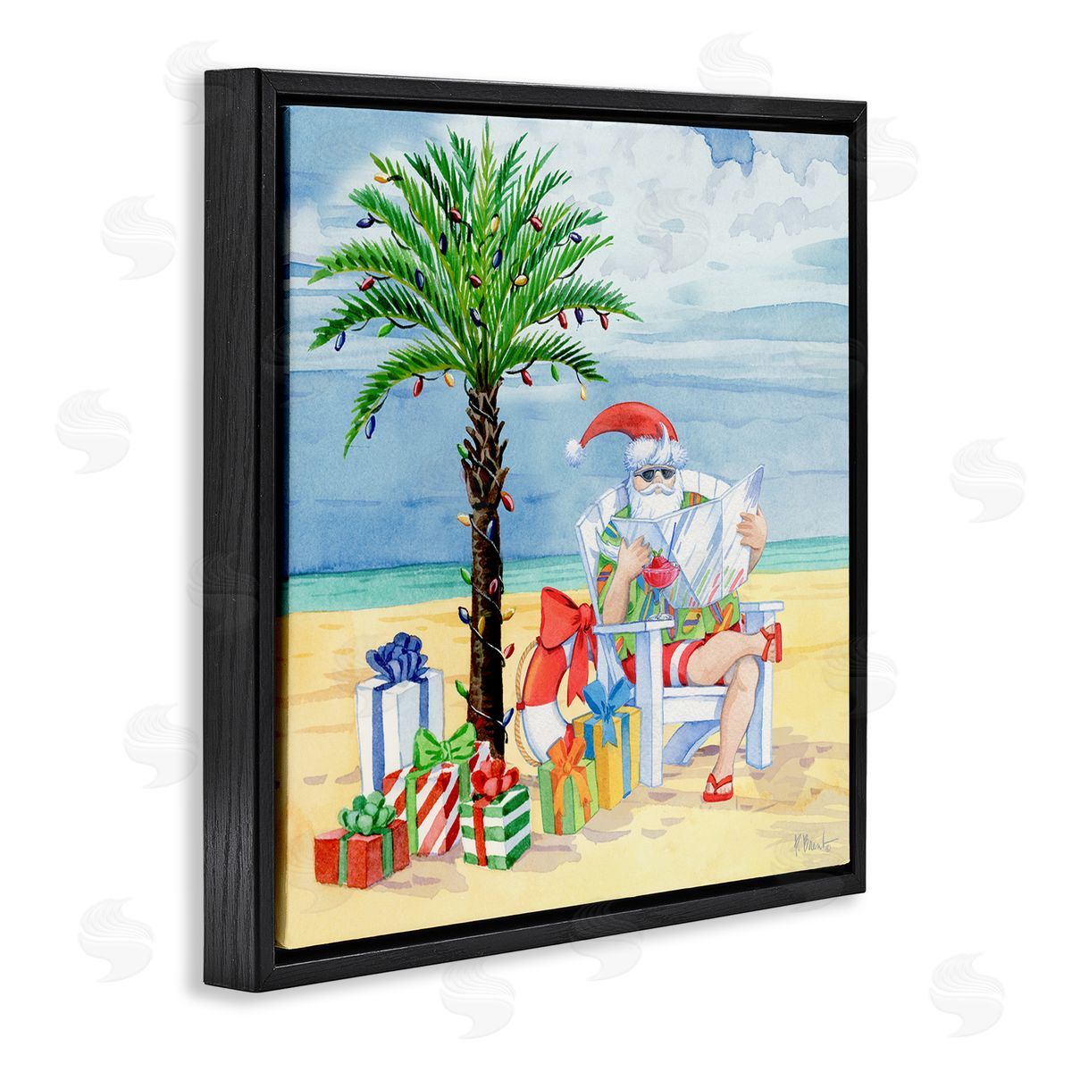 Paul Brent Santa Claus on Beach Black Floating Frame Canvas Wall Art Print