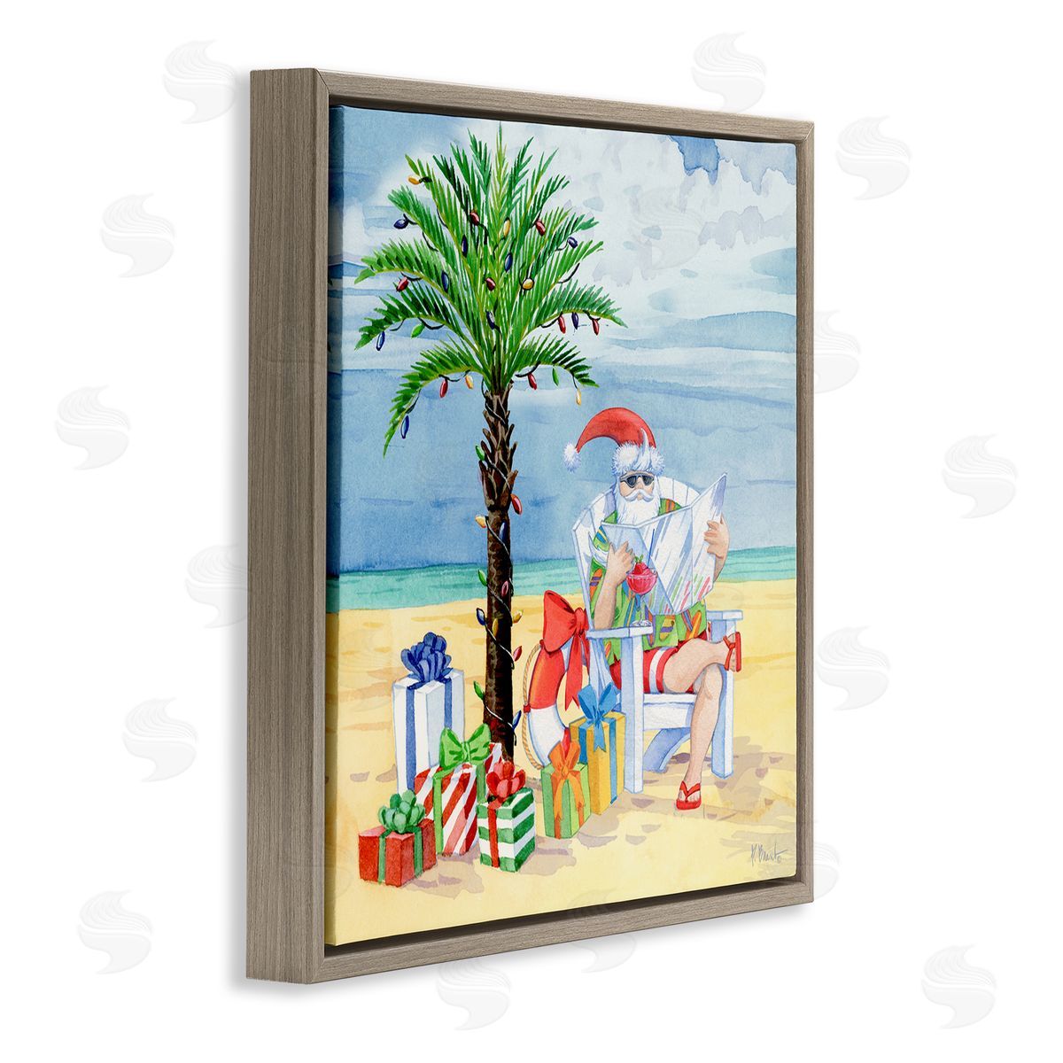 Paul Brent Santa Claus on Beach Brown Floating Frame Canvas Wall Art Print