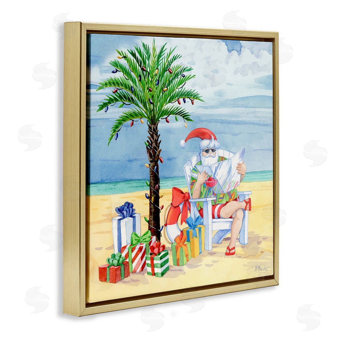 Paul Brent Santa Claus on Beach Gold Floating Frame Canvas Wall Art Print