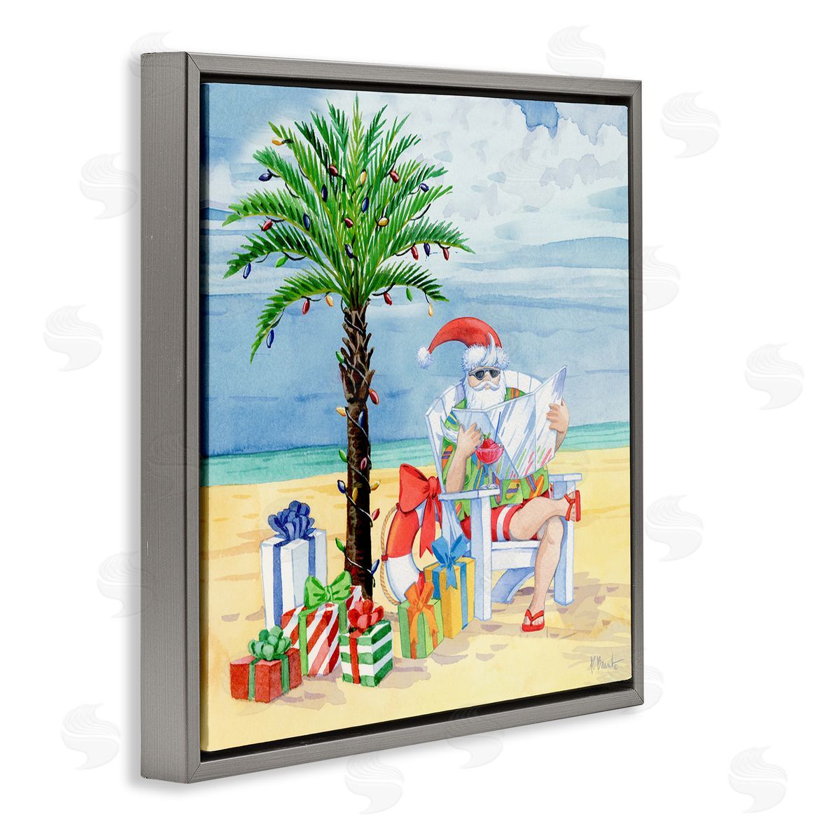 Paul Brent Santa Claus on Beach Gray Floating Frame Canvas Wall Art Print