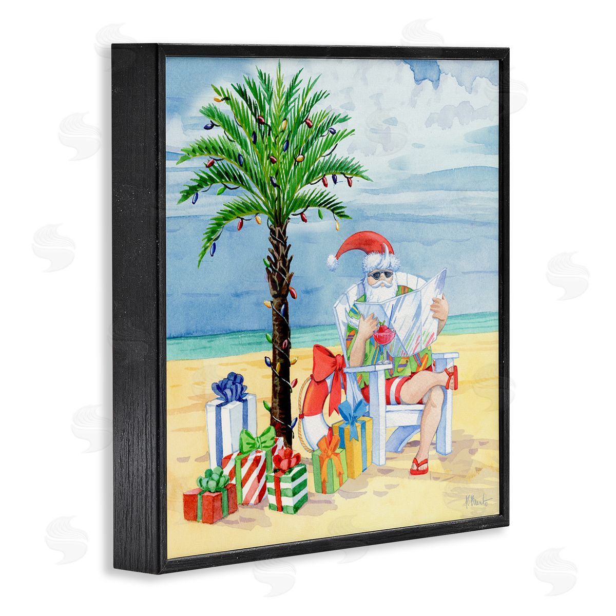 Paul Brent Santa Claus on Beach Black Framed Glicee Wall Art Print