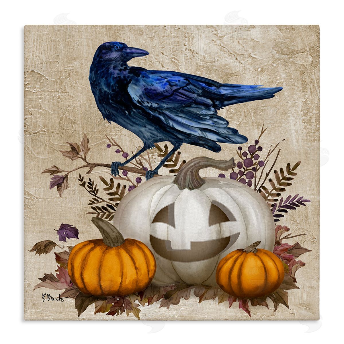 Paul Brent Raven & Jack-o-Lantern Stretched Canvas Wall Art Print