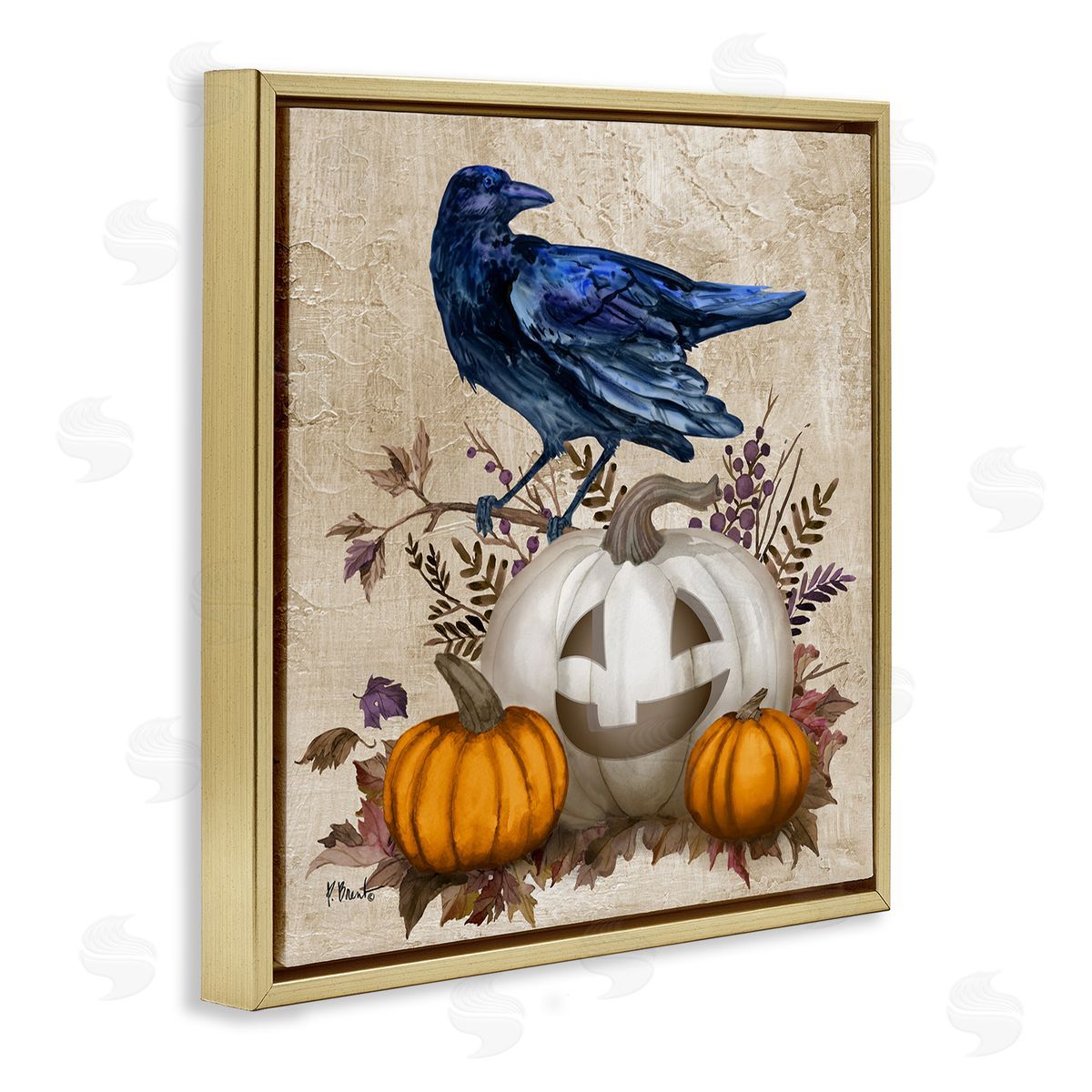 Paul Brent Raven & Jack-o-Lantern Gold Floating Frame Canvas Wall Art Print