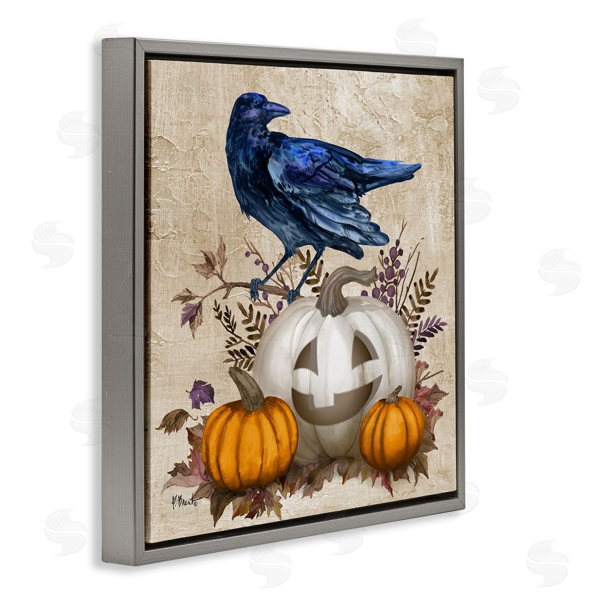 Paul Brent Raven & Jack-o-Lantern Gray Floating Frame Canvas Wall Art Print