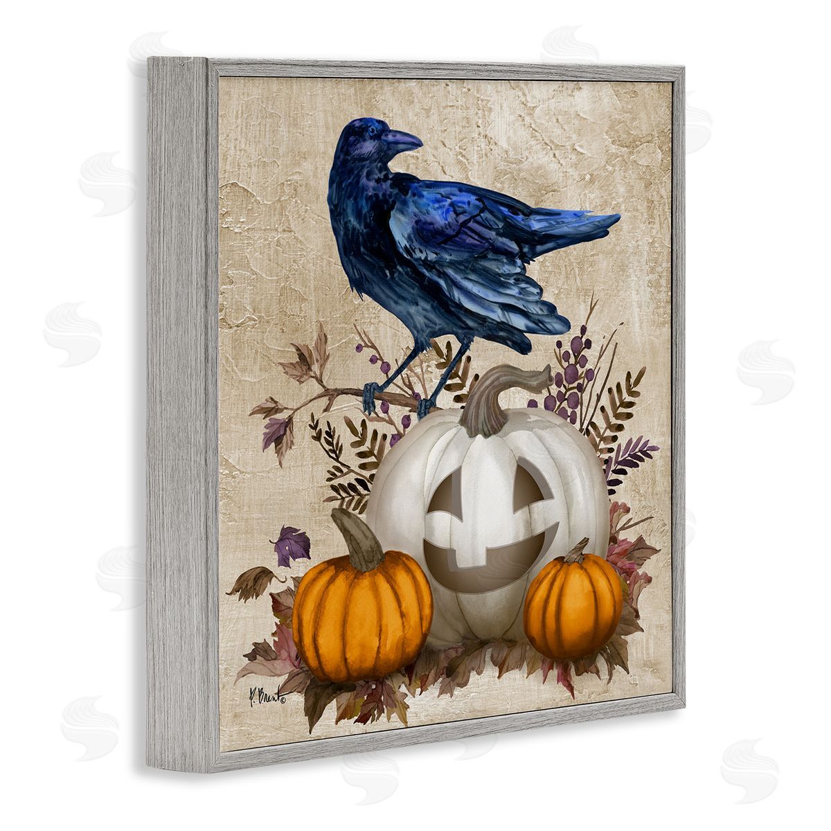 Paul Brent Raven & Jack-o-Lantern Gray Framed Glicee Wall Art Print