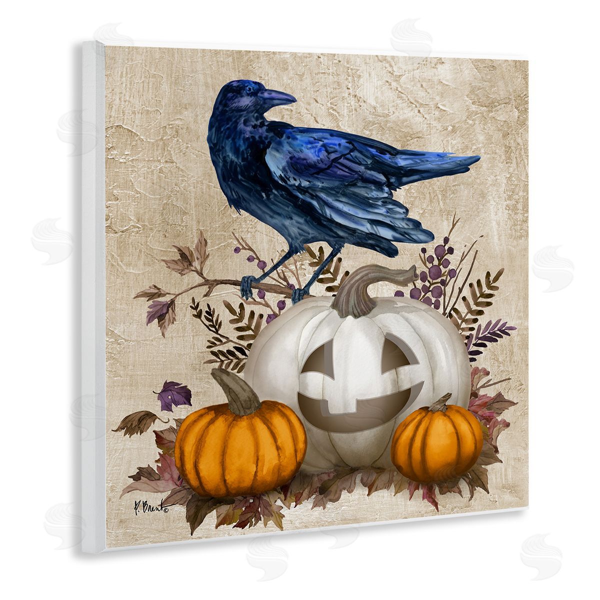 Paul Brent Raven & Jack-o-Lantern Wooden Wall Plaque Art Print