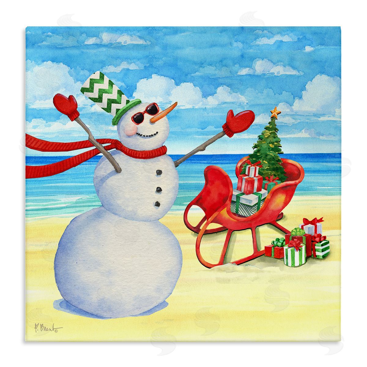 Paul Brent Snowman on Beach Scene Stretched Canvas Wall Art Print
