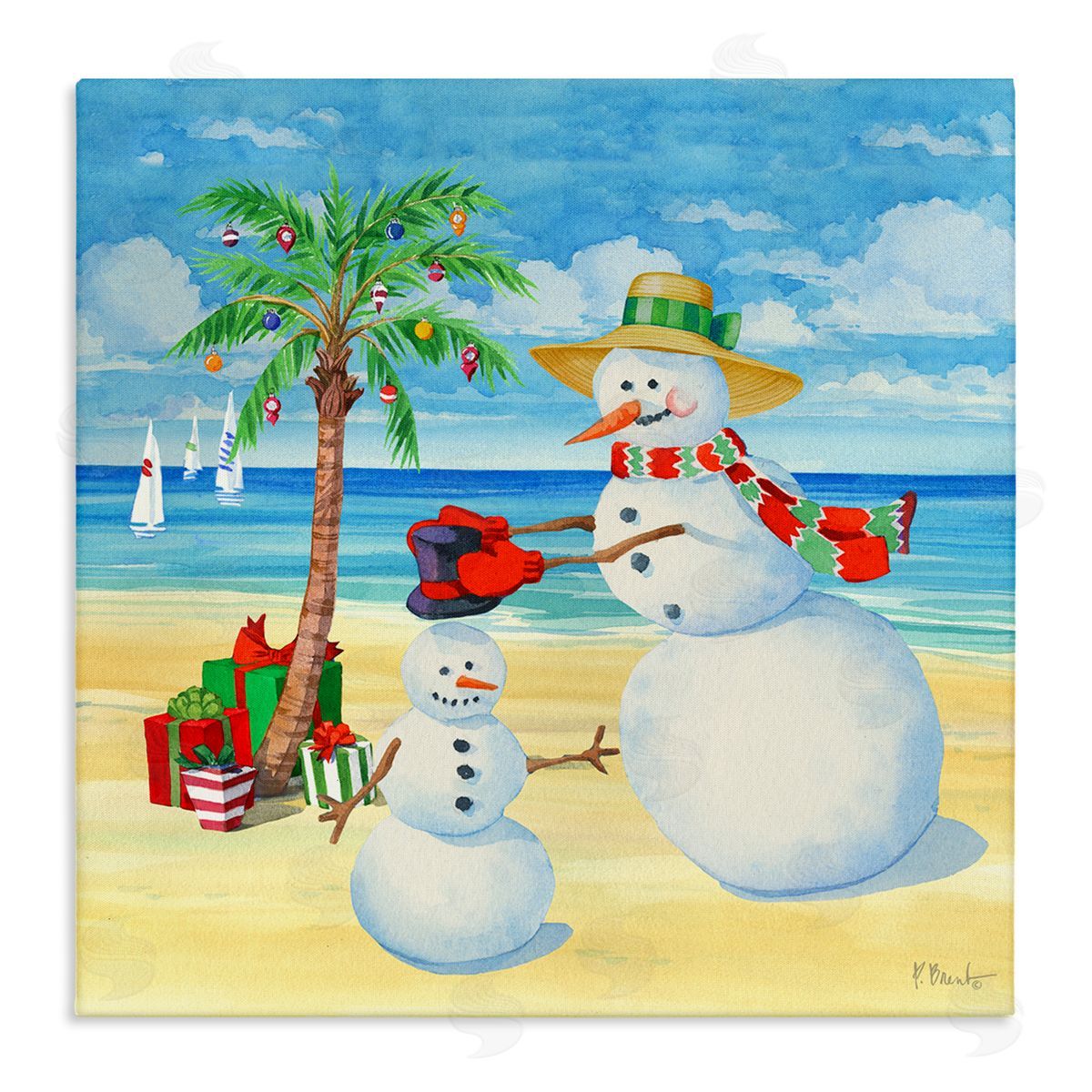 Paul Brent Festive Snowman Beach Stretched Canvas Wall Art Print
