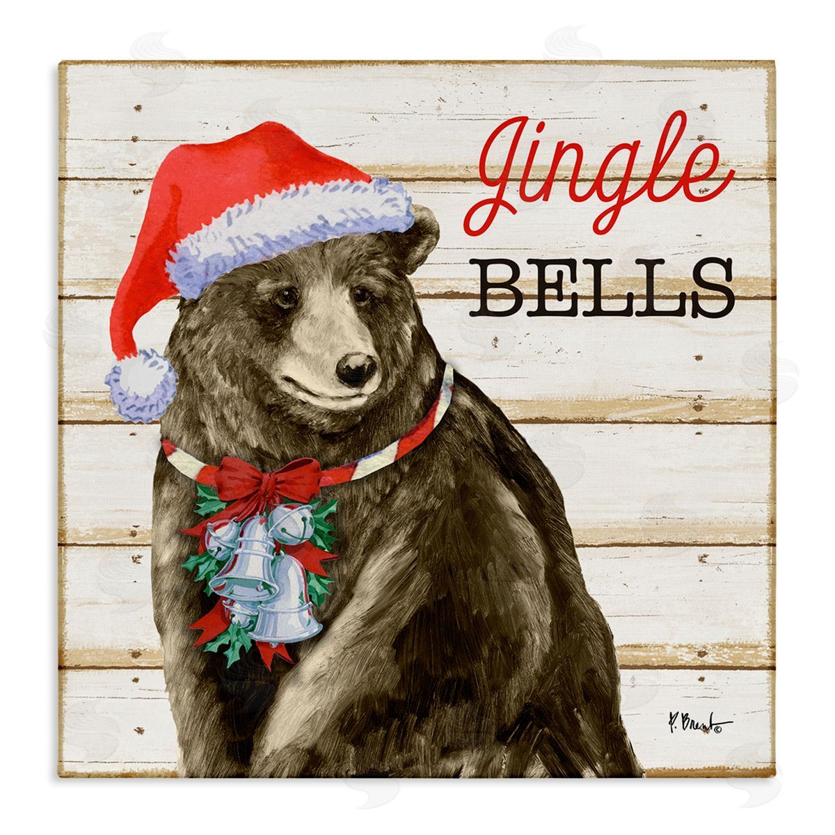 Paul Brent Rustic Jingle Bells Bear Stretched Canvas Wall Art Print