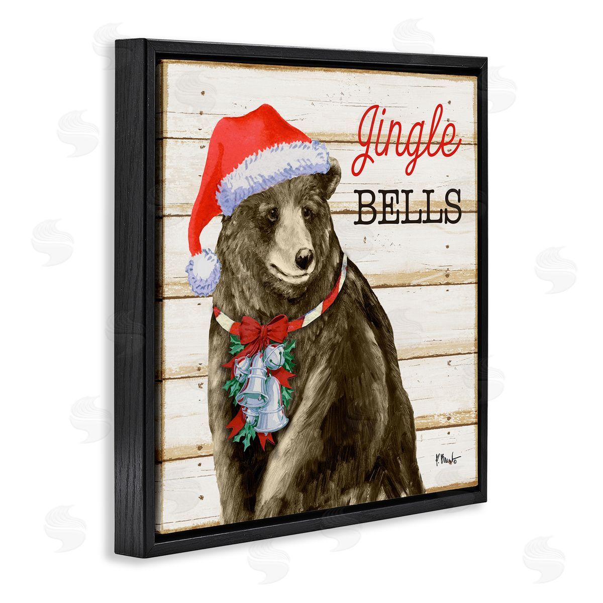 Paul Brent Rustic Jingle Bells Bear Black Floating Frame Canvas Wall Art Print