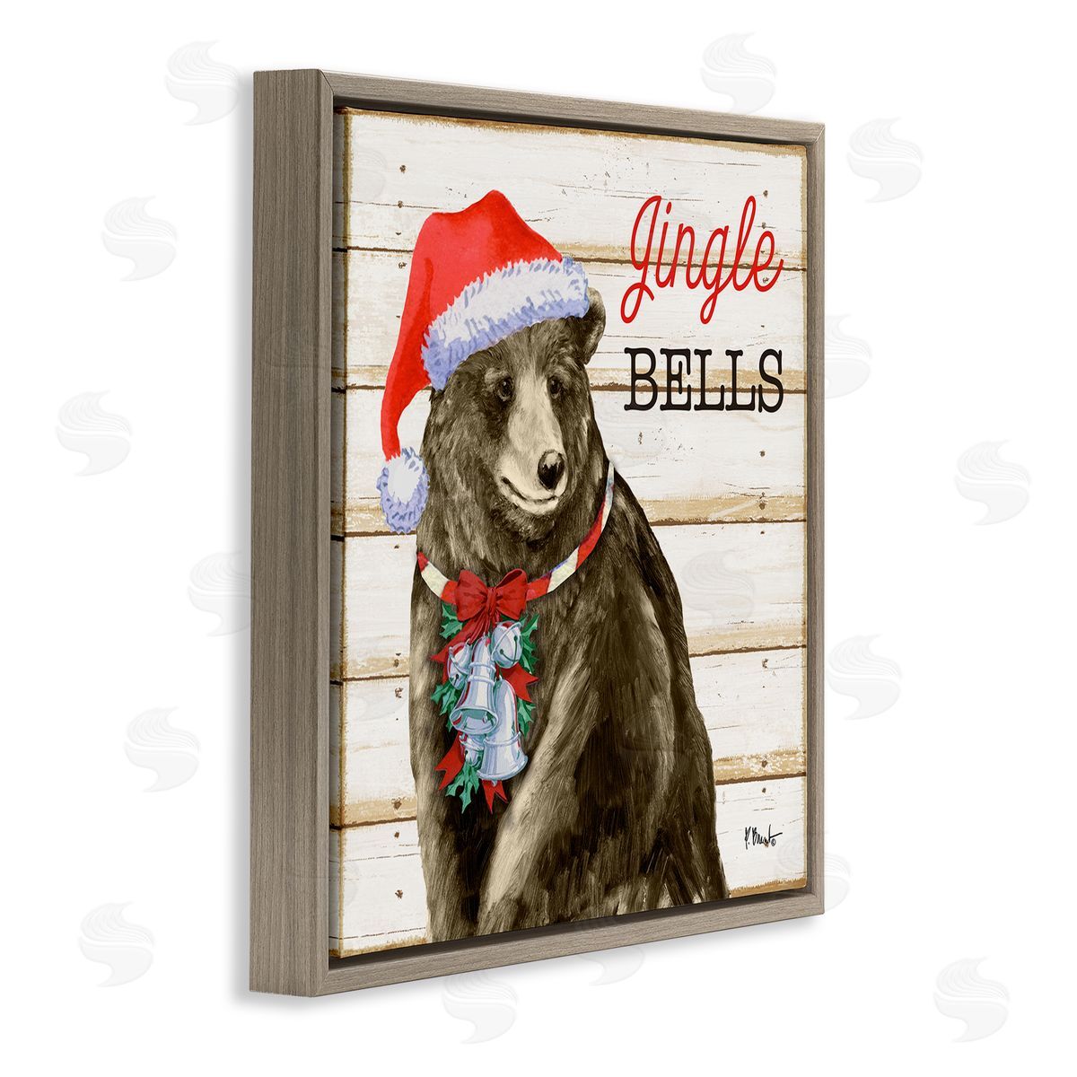 Paul Brent Rustic Jingle Bells Bear Brown Floating Frame Canvas Wall Art Print