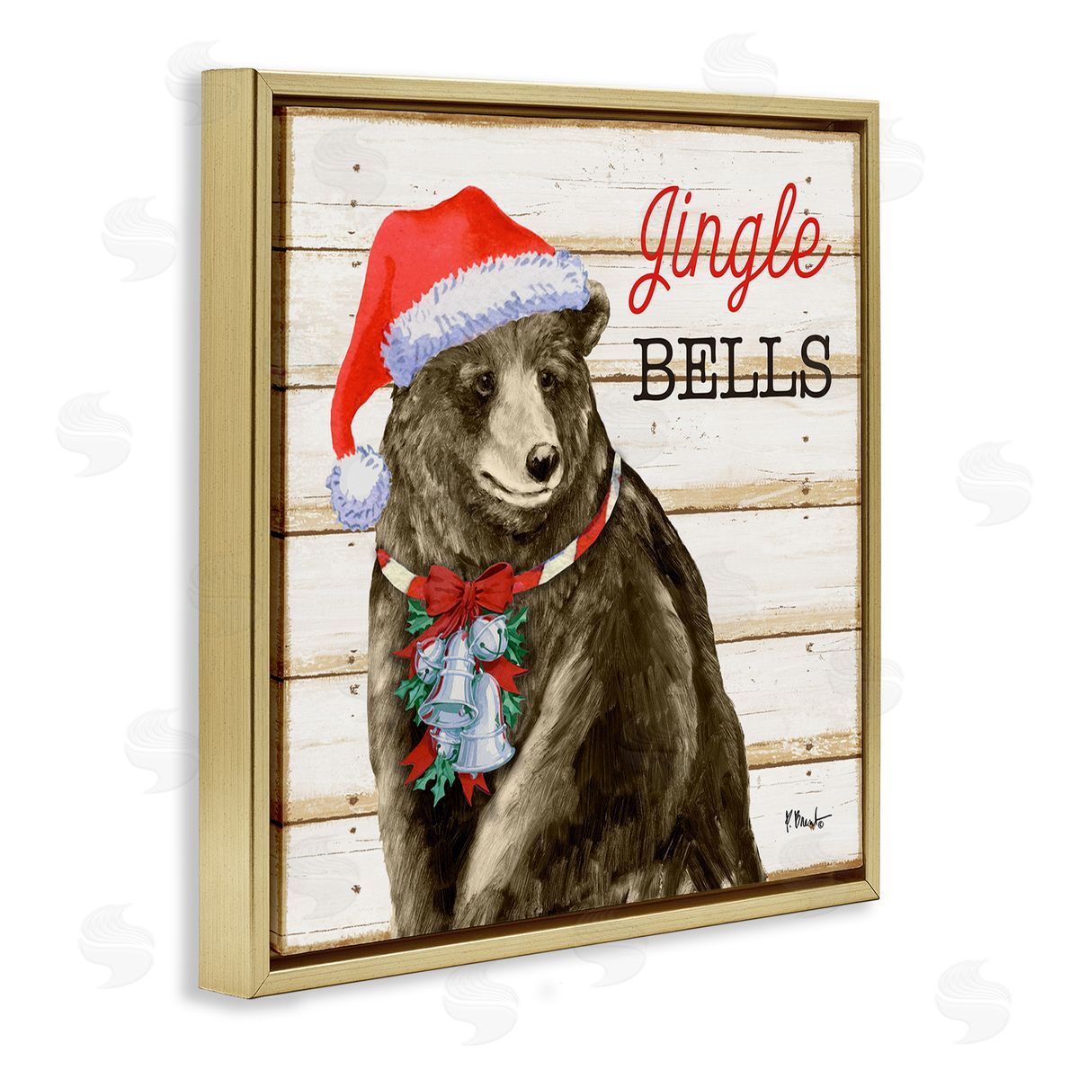 Paul Brent Rustic Jingle Bells Bear Gold Floating Frame Canvas Wall Art Print