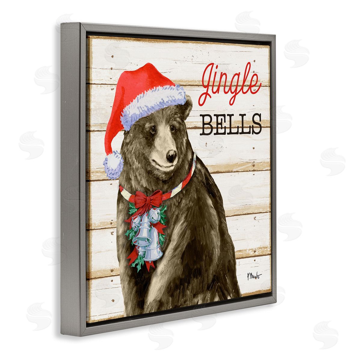 Paul Brent Rustic Jingle Bells Bear Gray Floating Frame Canvas Wall Art Print