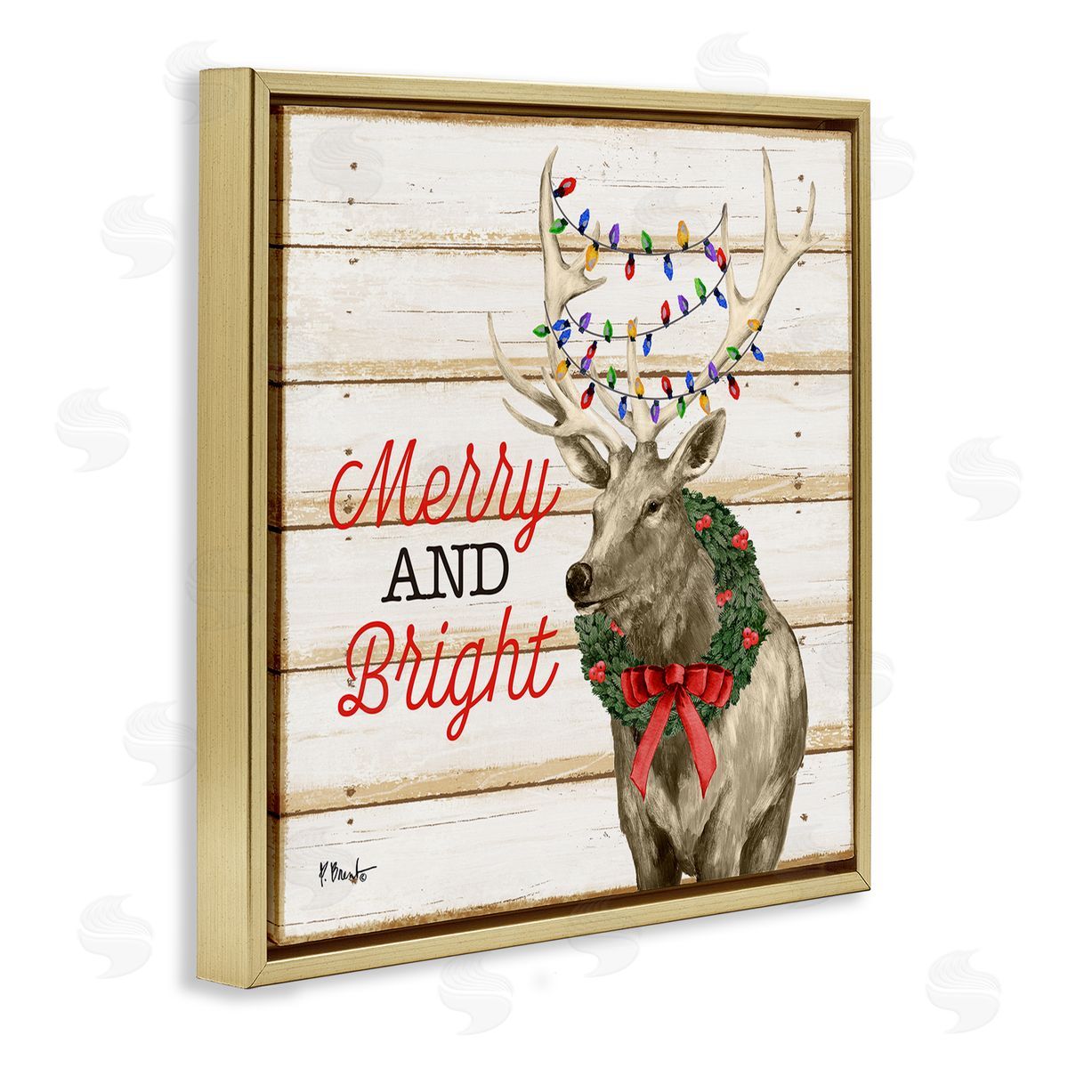 Paul Brent Merry & Bright Deer Gold Floating Frame Canvas Wall Art Print