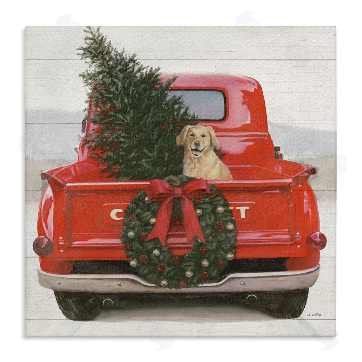 James Wiens Festive Dog in Truck Stretched Canvas Wall Art Print