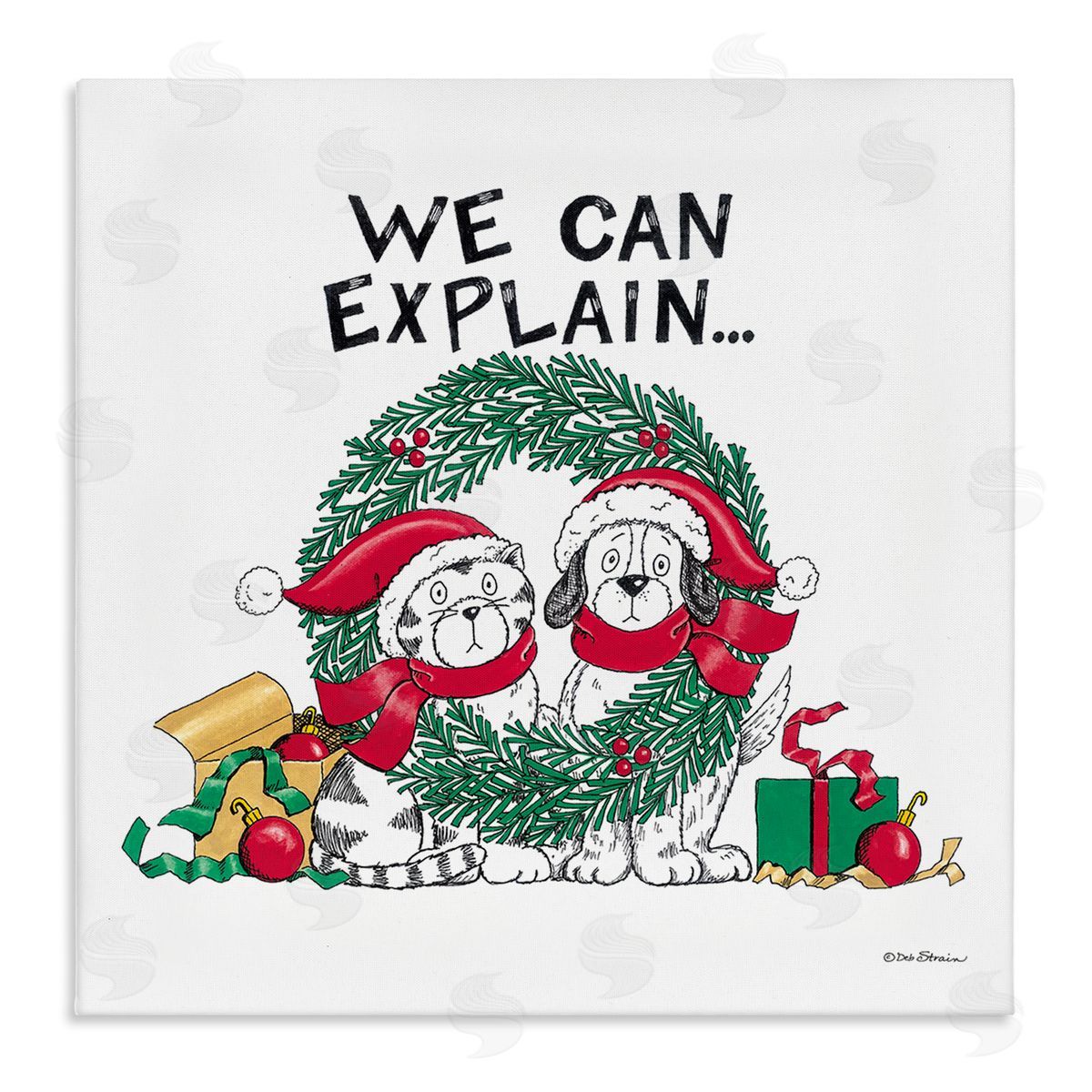 Deb Strain Cat & Dog Christmas Humor Stretched Canvas Wall Art Print
