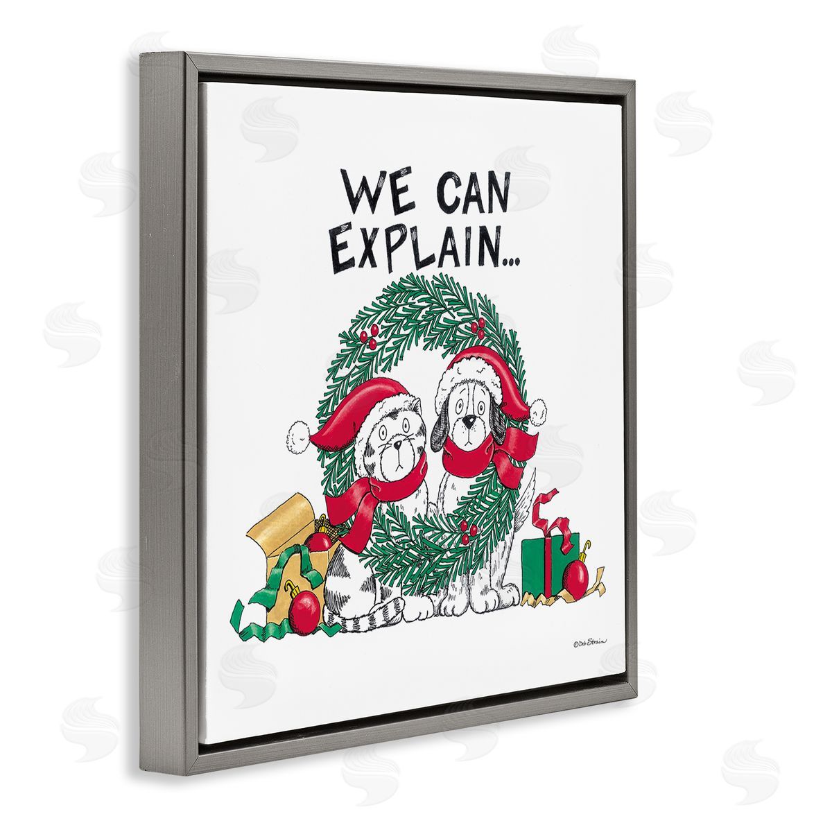 Deb Strain Cat & Dog Christmas Humor Gray Floating Frame Canvas Wall Art Print