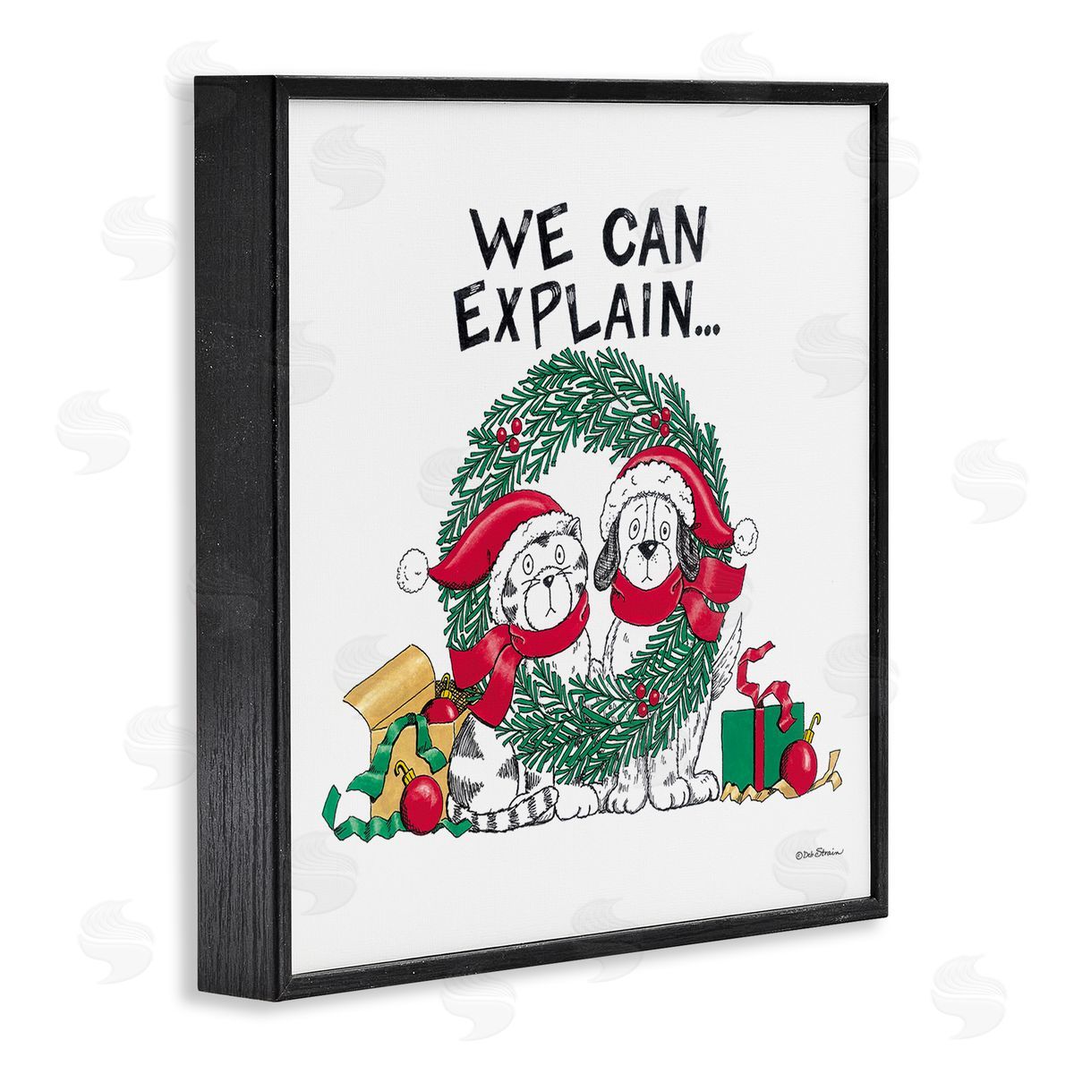 Deb Strain Cat & Dog Christmas Humor Black Framed Glicee Wall Art Print