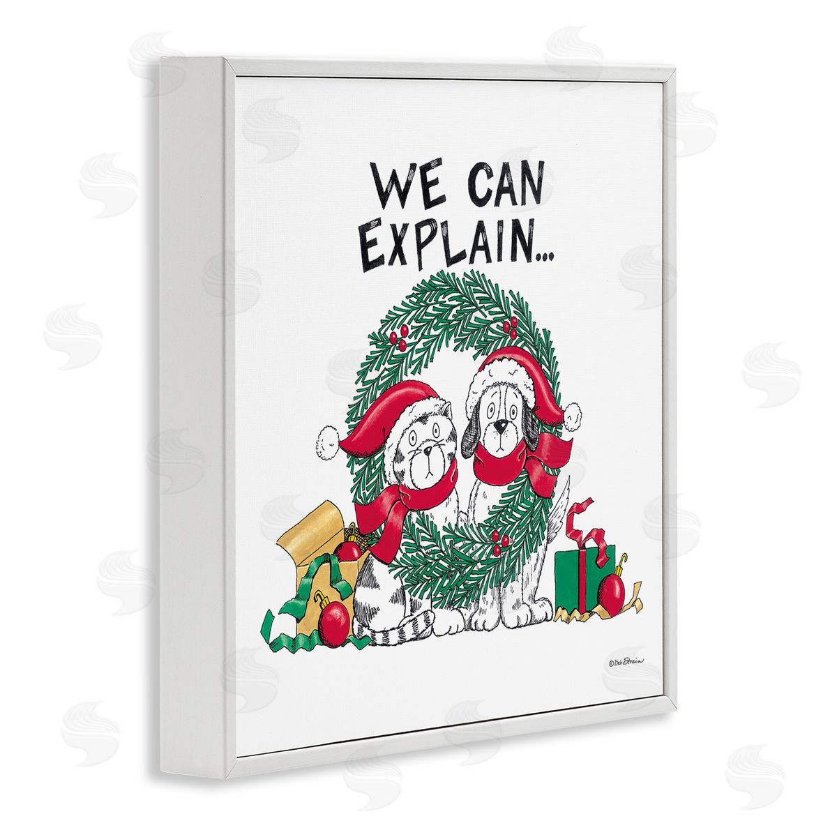 Deb Strain Cat & Dog Christmas Humor White Framed Glicee Wall Art Print