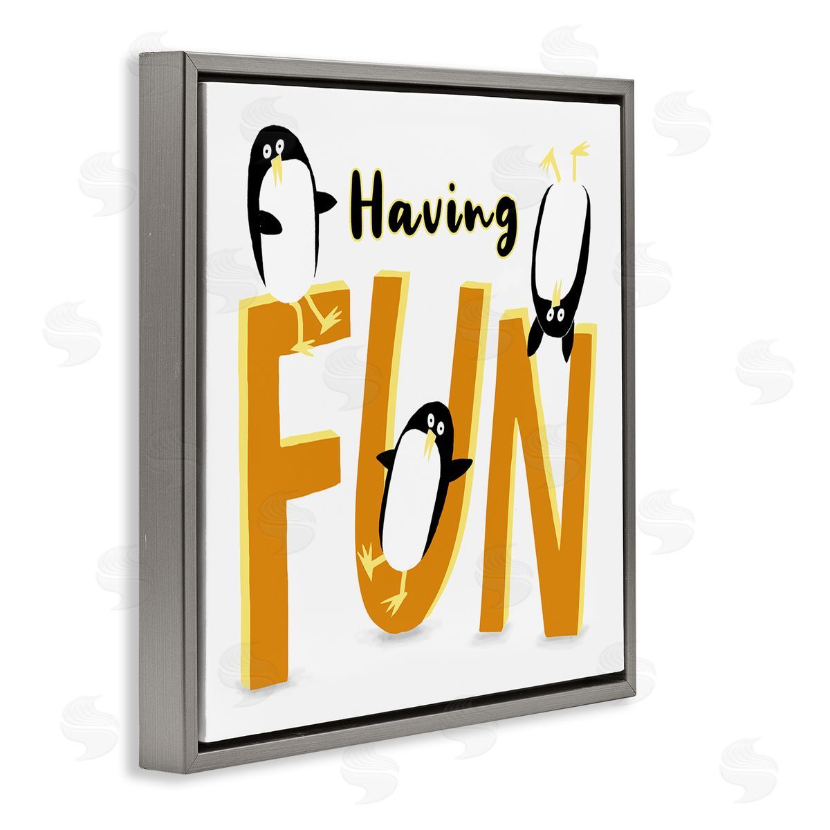Carla Daly Having Fun Penguins Gray Floating Frame Canvas Wall Art Print