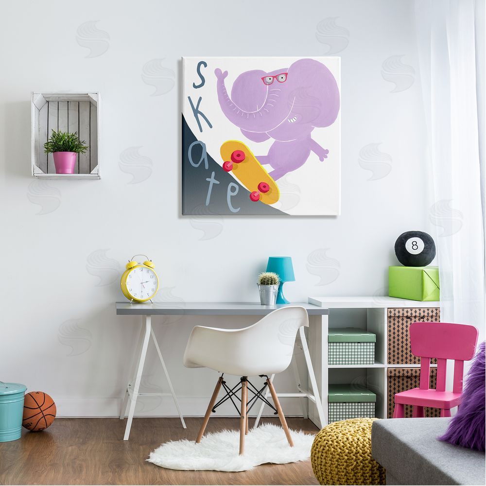 Carla Daly Purple Elephant on Skateboard Canvas Wall Art in Room
