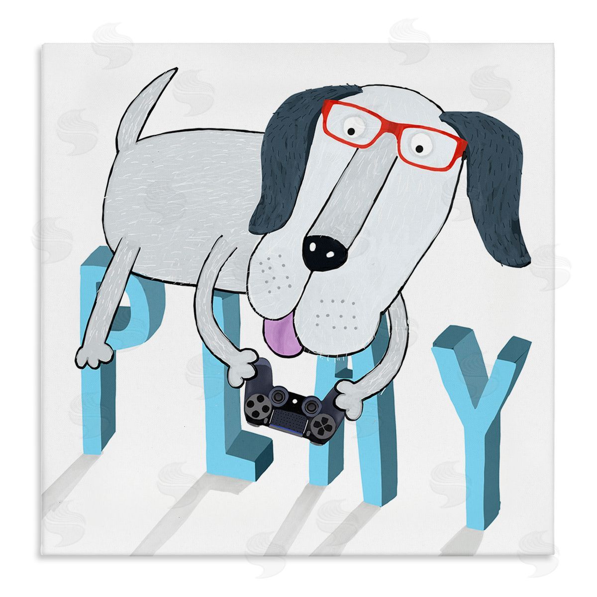 Carla Daly Dog Playing Video Games Stretched Canvas Wall Art Print