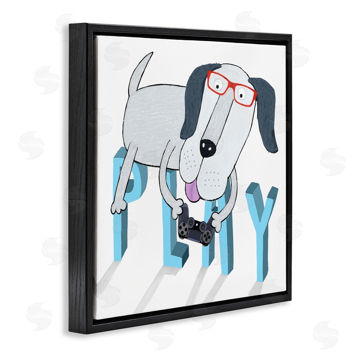 Carla Daly Dog Playing Video Games Black Floating Frame Canvas Wall Art Print