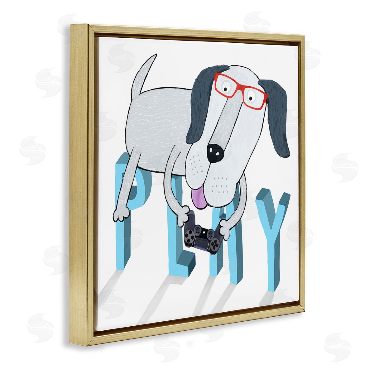 Carla Daly Dog Playing Video Games Gold Floating Frame Canvas Wall Art Print