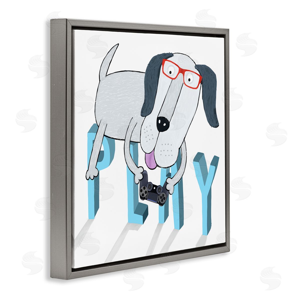 Carla Daly Dog Playing Video Games Gray Floating Frame Canvas Wall Art Print
