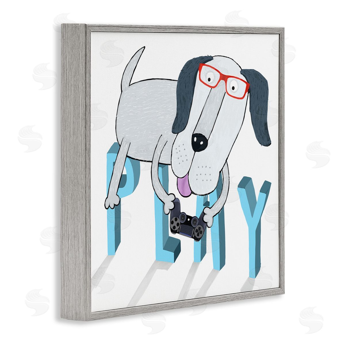 Carla Daly Dog Playing Video Games Gray Framed Glicee Wall Art Print