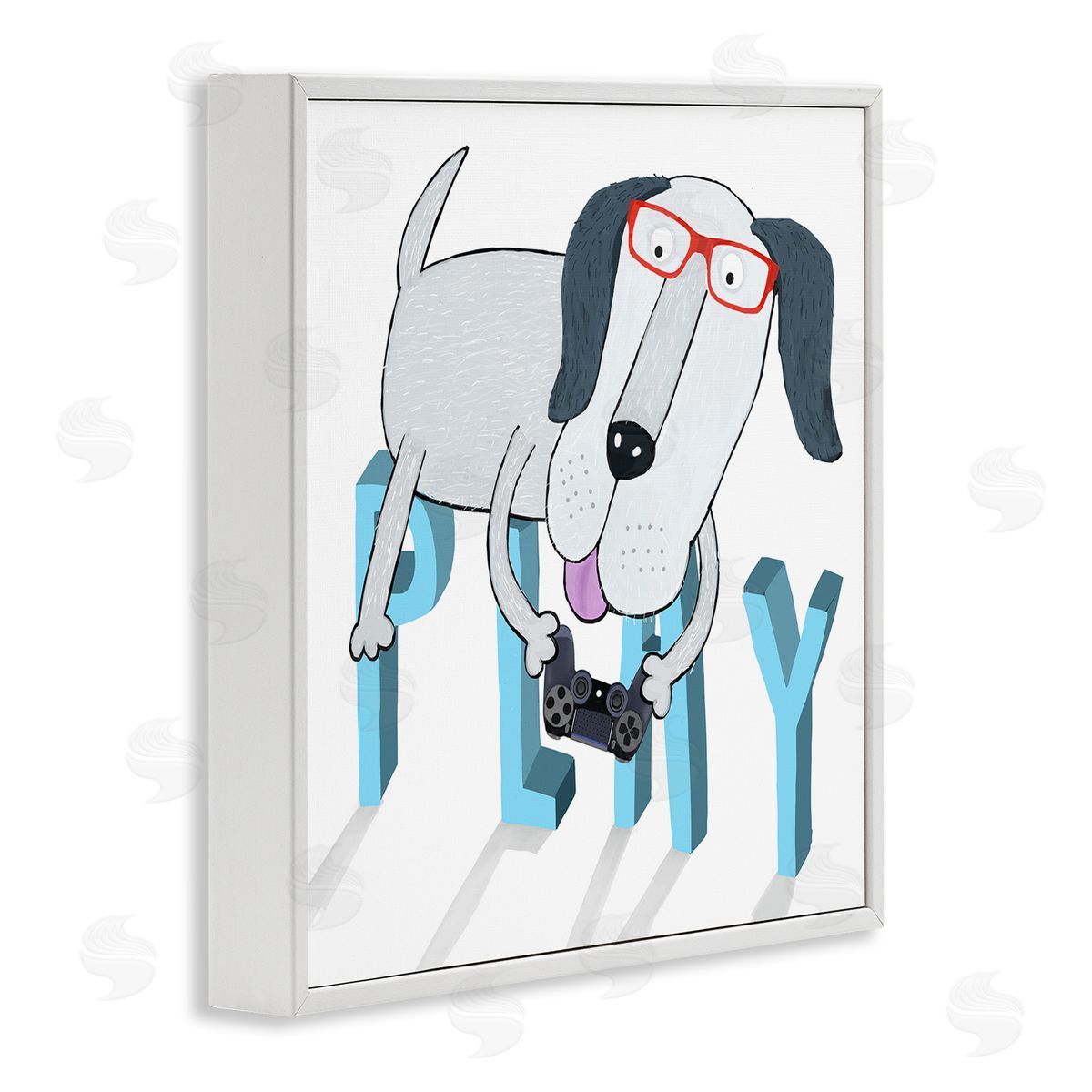 Carla Daly Dog Playing Video Games White Framed Glicee Wall Art Print