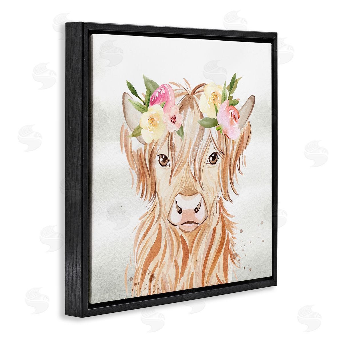 Enya Todd Cattle & Floral Garland Black Floating Frame Canvas Wall Art Print