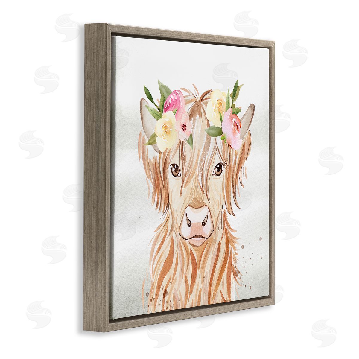 Enya Todd Cattle & Floral Garland Brown Floating Frame Canvas Wall Art Print