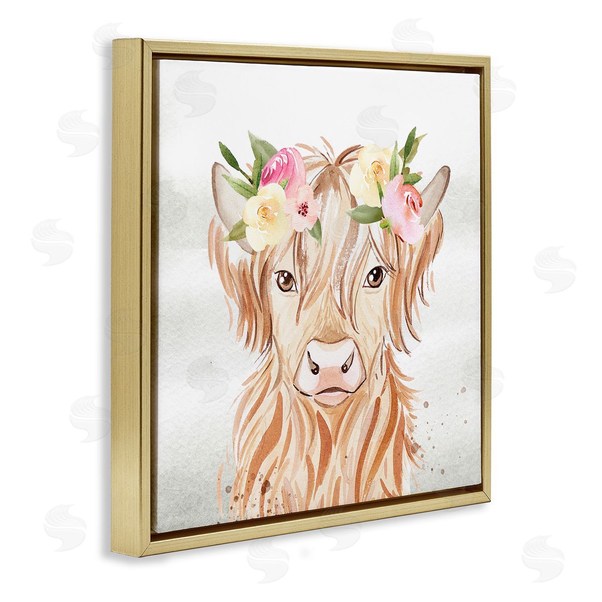 Enya Todd Cattle & Floral Garland Gold Floating Frame Canvas Wall Art Print