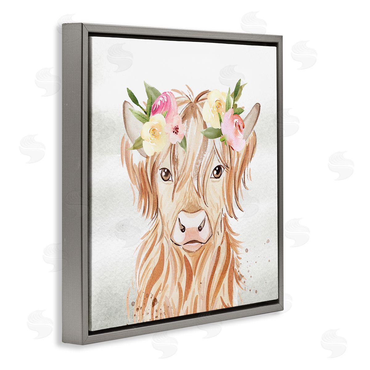 Enya Todd Cattle & Floral Garland Gray Floating Frame Canvas Wall Art Print