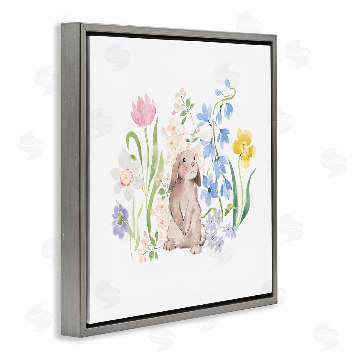 Heather Lee Chan Spring Flowers & Rabbit Gray Floating Frame Canvas Wall Art Print
