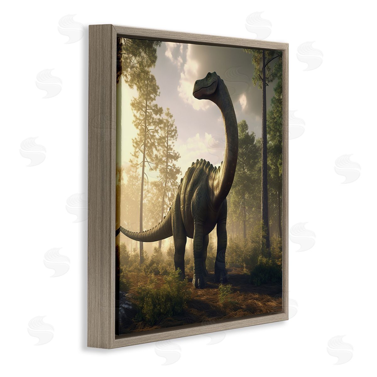 Wumples Detailed Dinosaur Landscape Brown Floating Frame Canvas Wall Art Print