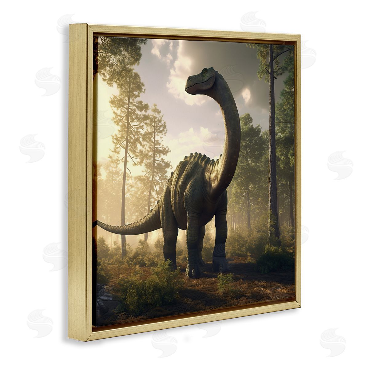 Wumples Detailed Dinosaur Landscape Gold Floating Frame Canvas Wall Art Print