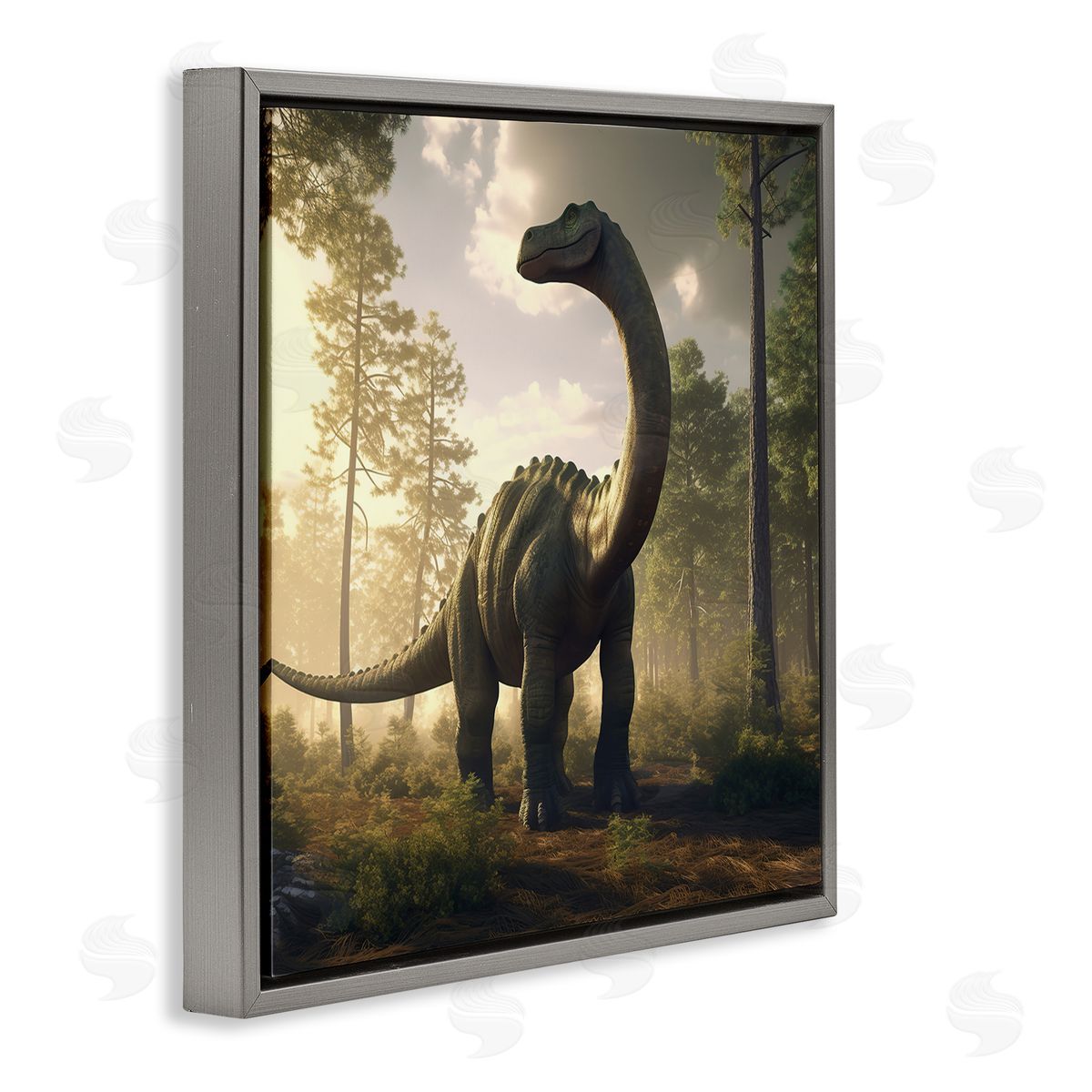 Wumples Detailed Dinosaur Landscape Gray Floating Frame Canvas Wall Art Print
