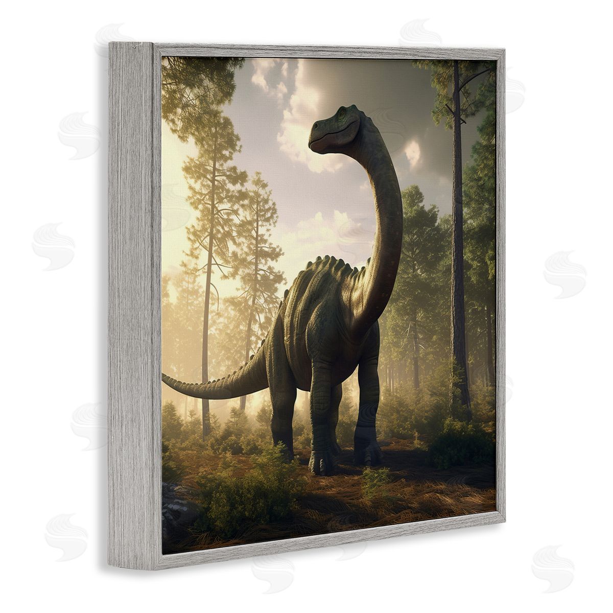 Wumples Detailed Dinosaur Landscape Gray Framed Glicee Wall Art Print