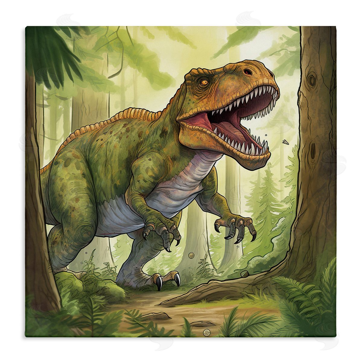 Wumples Roaring Dinosaur Scenery Stretched Canvas Wall Art Print