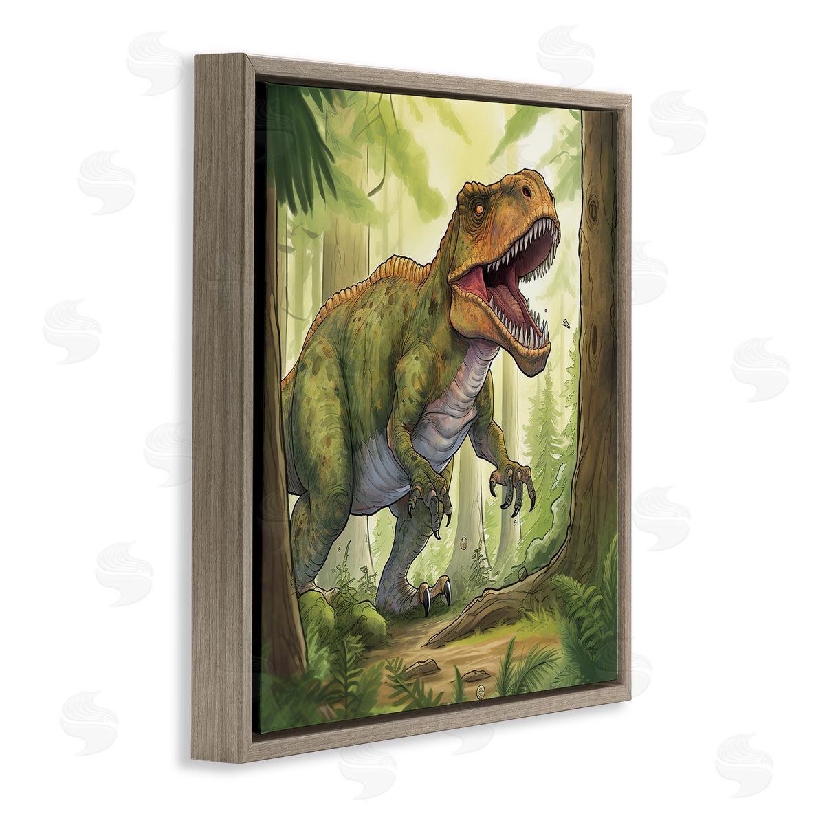 Wumples Roaring Dinosaur Scenery Brown Floating Frame Canvas Wall Art Print