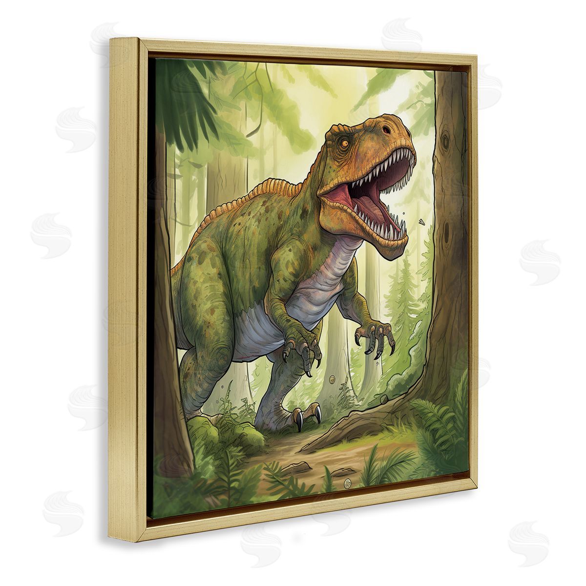 Wumples Roaring Dinosaur Scenery Gold Floating Frame Canvas Wall Art Print