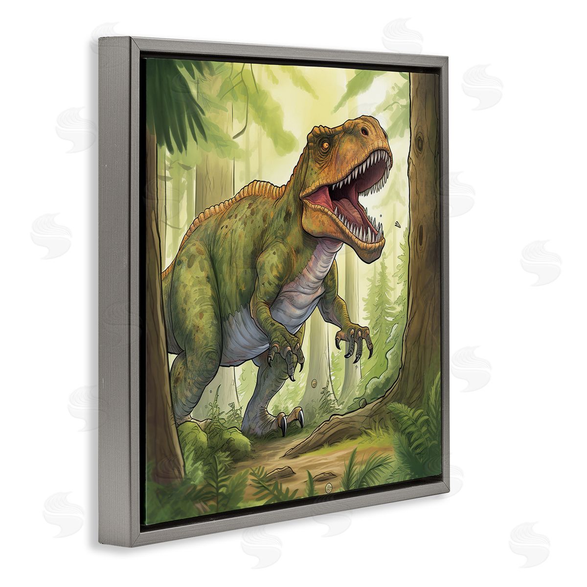 Wumples Roaring Dinosaur Scenery Gray Floating Frame Canvas Wall Art Print