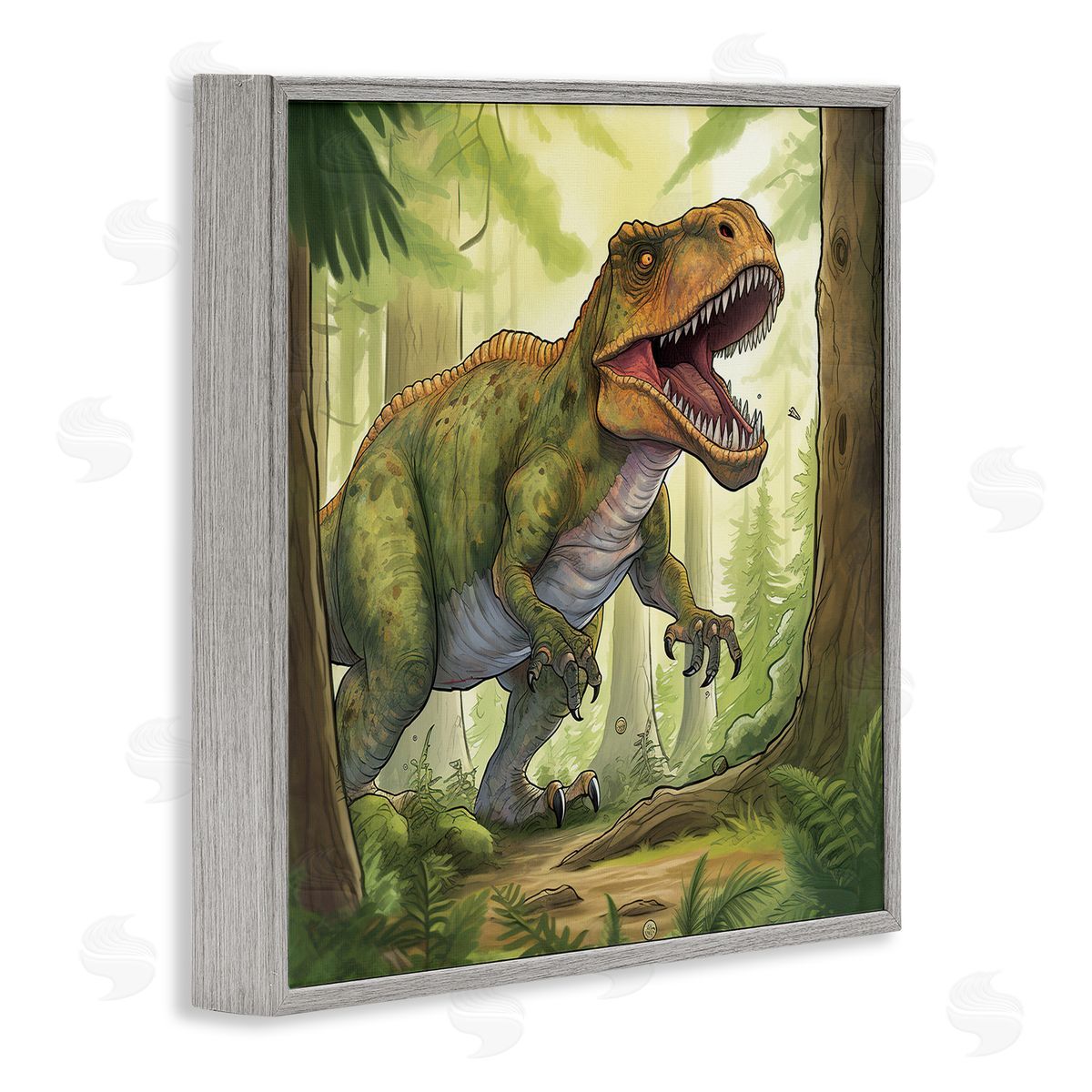 Wumples Roaring Dinosaur Scenery Gray Framed Glicee Wall Art Print