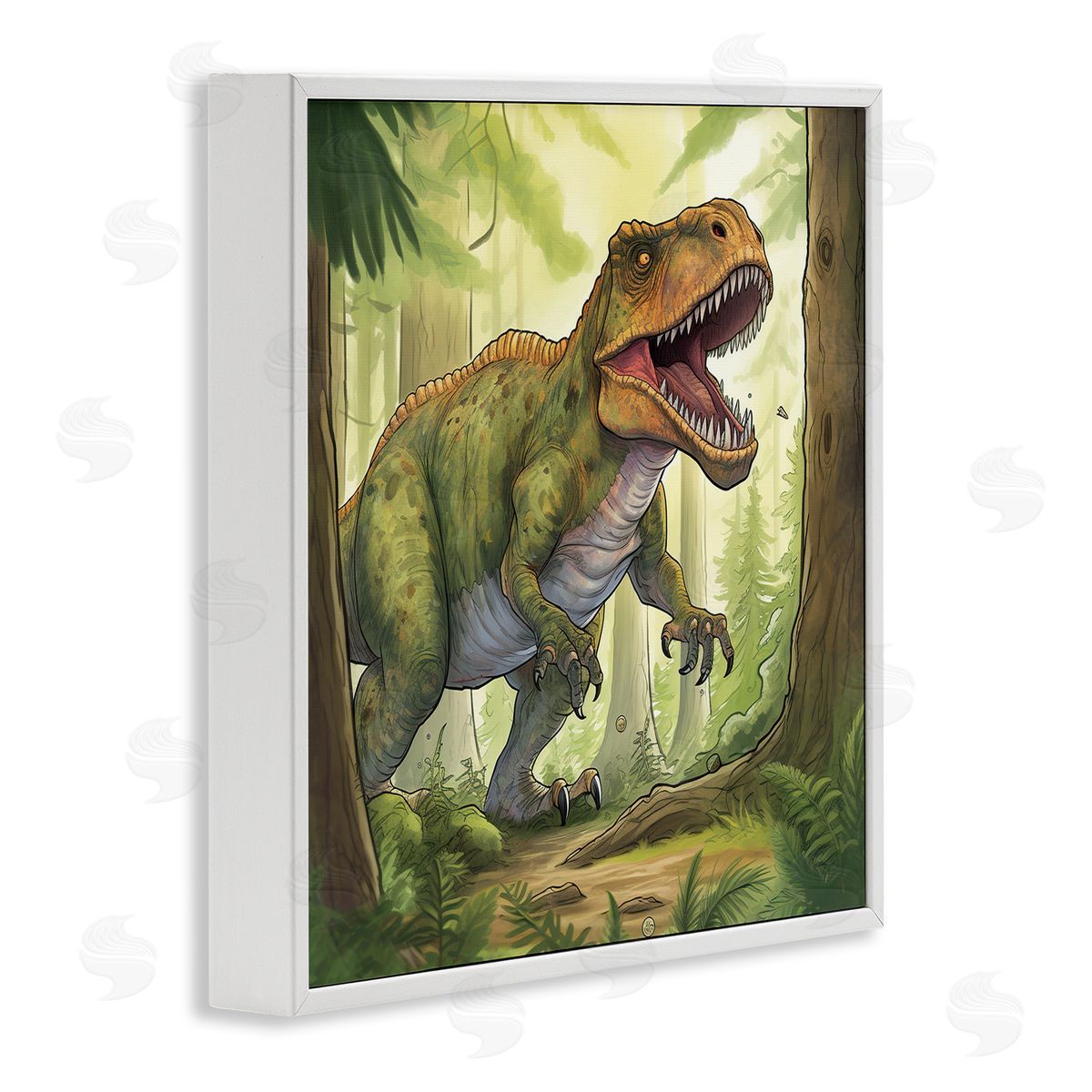 Wumples Roaring Dinosaur Scenery White Framed Glicee Wall Art Print