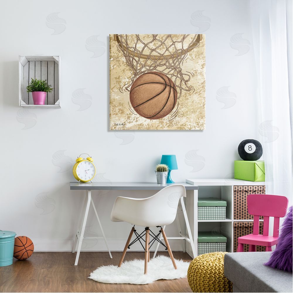 Nidhi Wadhwa Rustic Basketball in Hoop Canvas Wall Art in Room