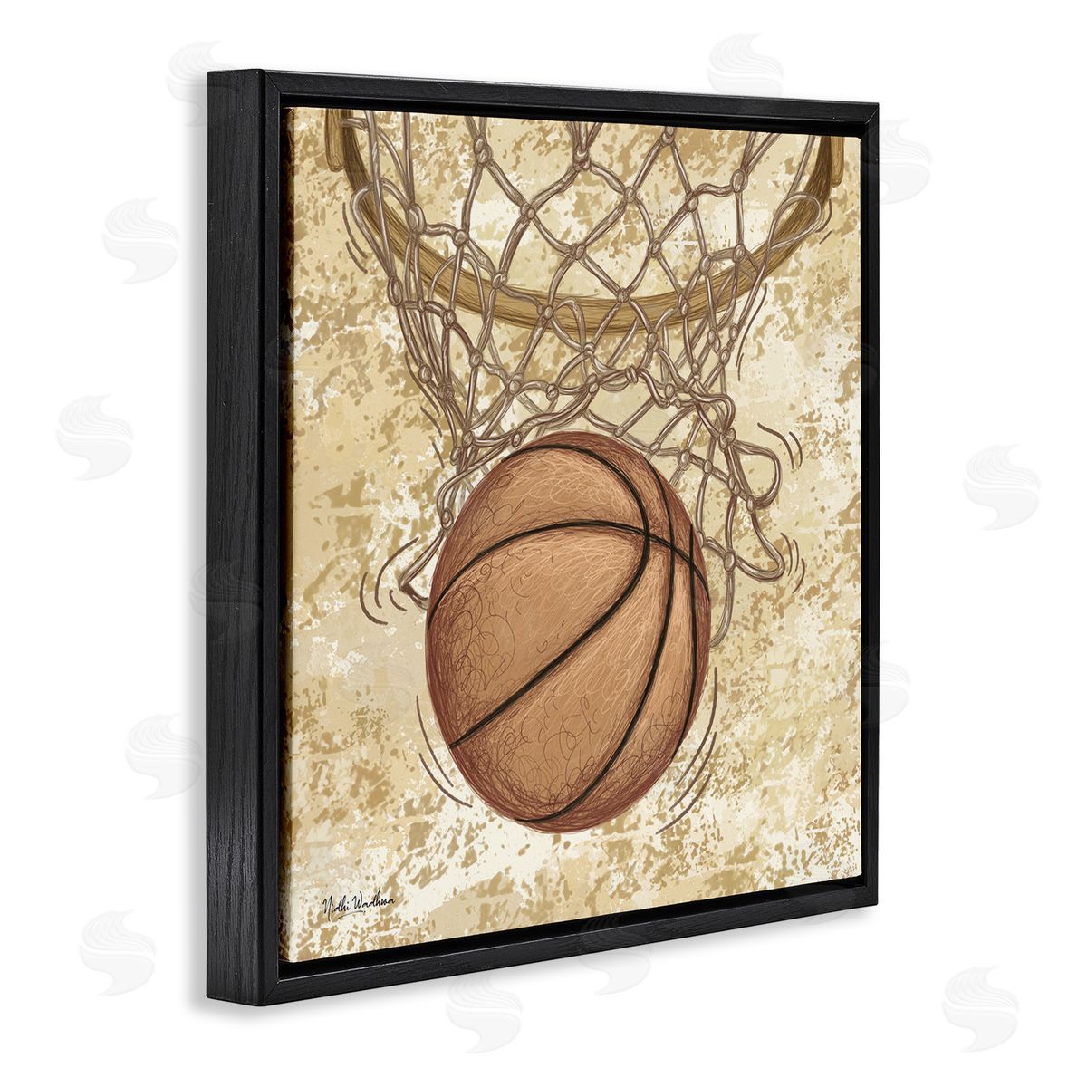 Nidhi Wadhwa Rustic Basketball in Hoop Black Floating Frame Canvas Wall Art Print