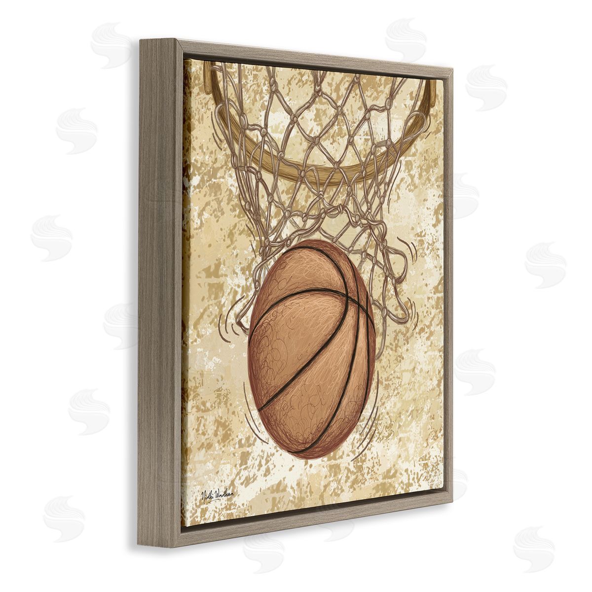 Nidhi Wadhwa Rustic Basketball in Hoop Brown Floating Frame Canvas Wall Art Print